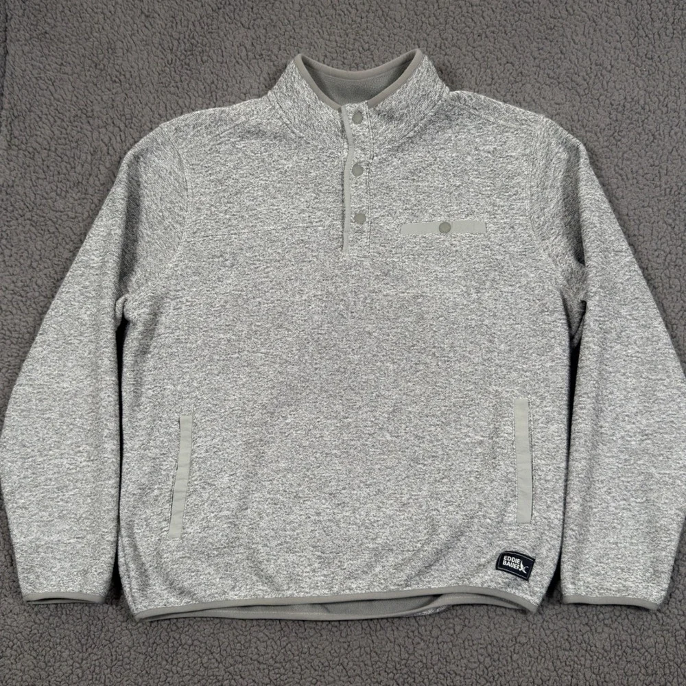 Eddie Bauer Sweater Mens XL Gray Fleece Pullover Outdoor Quarter Snap Jacket